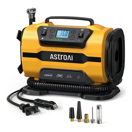 Bomba compressora de ar portátil AstroAI para calibrar pneus 150 PSI 12 V CC/110 V CA com motores duplos de metal e luz LED, acessórios automotivos e dois modos para carros