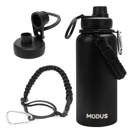 Modus Garrafa Térmica 950ml Aço Inox 304 Preta Alça Paracord Manutenção De Temperatura Preto
