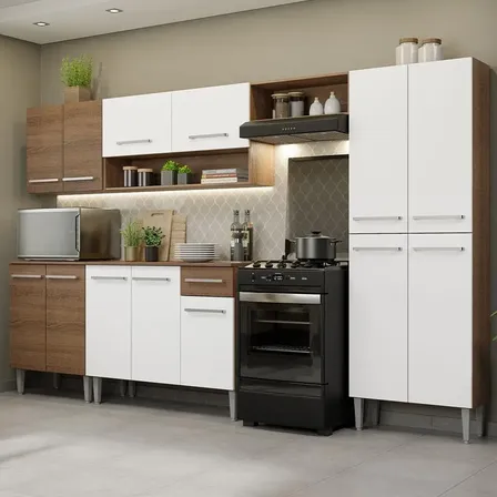 Armário de Cozinha Completa Modulada Madesa Emilly C/ Armário E Balcão Rb Cor Rustic/Branco GREM293001