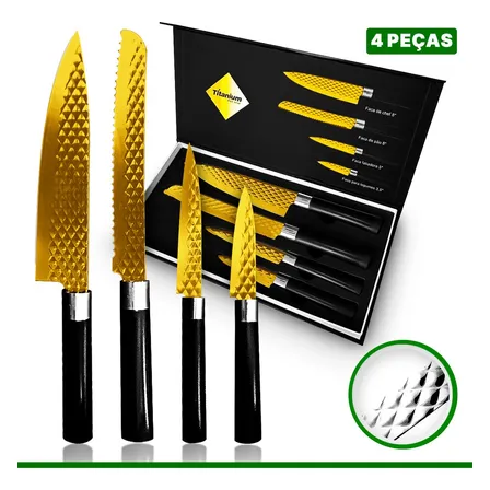 Kit Jogo Facas Inox Titanium Gourmet Deluxe Cozinha 4 Peças Dourado