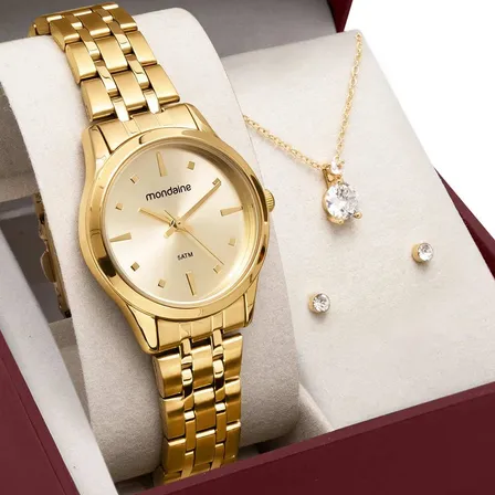 Kit Relógio Mondaine 32611LPMKDE1K1 Dourado + Colar e Brincos