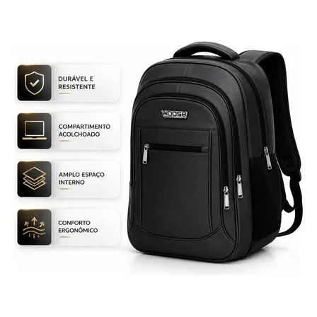 Mochila Bolsa Grande Alça Reforçada Resistente Faculdade Trabalho Masculina Feminina Cor Preto Marca Woosh