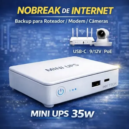 Mini Nobreak Para Roteador Modem Câmera Segurança Alarmes 35w Ups Usb Usbc Poe Internet Powerbank Externa Até 8 Horas 110/220v Carregamento Turbo - Inv Tech