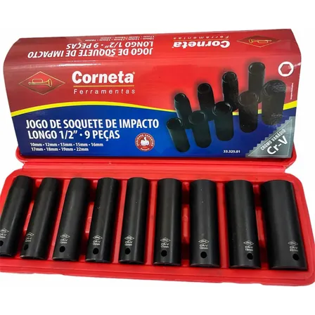 Jogo De Soquetes Impacto Longo Sextavado 1/2 9 Peças Corneta Preto