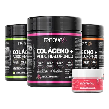 Kit Colágeno Hidrolisado Renova Be com Ácido Hialurônico e Creme Facial com Retinol