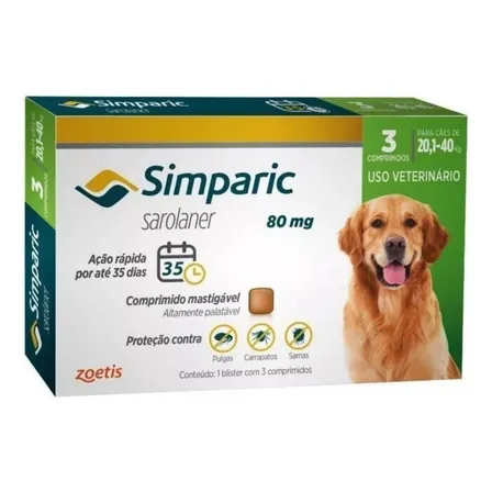 Simparic 80mg Cães 20 A 40kg Pulgas Carrapatos Sarnas 3 Comprimidos