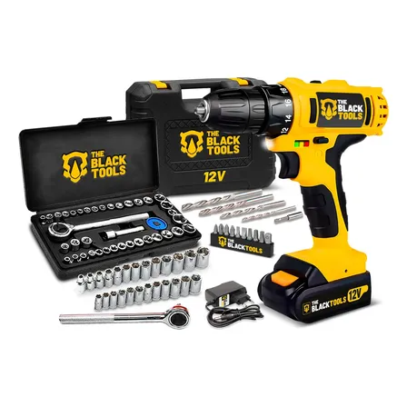 Parafusadeira Furadeira Sem Fio Bateria 12v P/ Madeira Metal Tb-12e The Black Tools Com Jogo De Soquetes 40 Peças Amarelo 127/220v 50/60hz