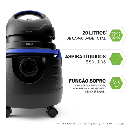 Aspirador De Água E Pó Philco 1500w 20l Pas80 Cor Preto 220v