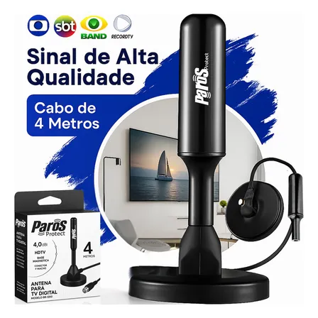 Antena Digital Interna Externa Hdtv Uhf Cabo Com Cabo Longo De 4 Metros Com Base Magnética Parosprotect