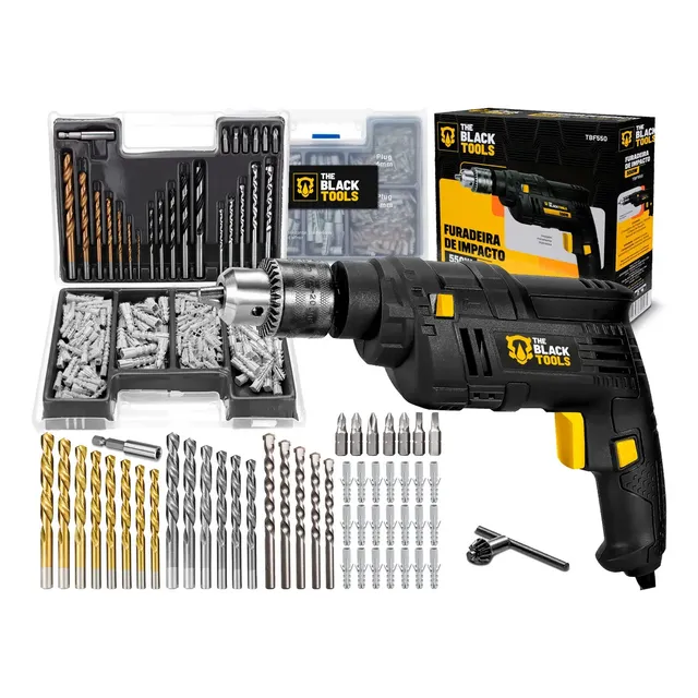 Furadeira De Impacto 3/8 10mm 550w Profissional Com Kit Brocas Buchas E Bits 300 Peças 220v The Black Tools Preto 60hz
