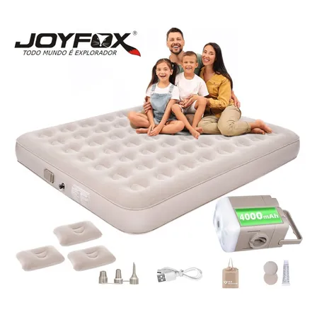 Colchão King Joyfox Inflável Creme Com Bomba Elétrica Automática e Travesseiros