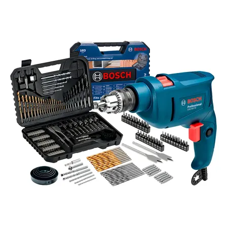Furadeira De Impacto 3/8 10mm Gsb 450 Re Bosch Com Jogo De Brocas Bits 103 Profissional Peças Azul-marinho 127v 60hz