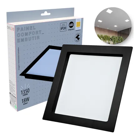 Painel Led Recuado 18w Quadrado 2700k Comfort Branco Quente 20cm Preto Fosco Cód: 908230374 Deluxe by Avant