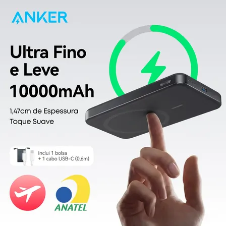 Carregador Portátil Indução 10000mAh Power Bank Anker MagGo Magnético MagSafe para Apple iPhone 17/16/15/14/13/12 Series, Bateria Externa Sem Fio Carga Rápida 15W, Ultra Slim Preto