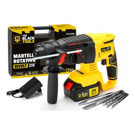 Martelete Rompedor Rotativo De Impacto A Bateria 21V 1400 Rpm 4800 Ipm Cor Amarelo The Black Tools