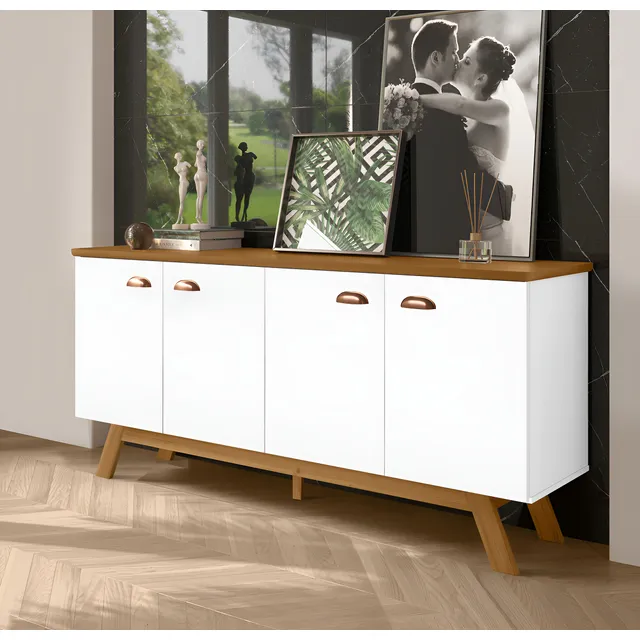 Aparador Buffet Decorativo Atlanta 4 Portas Cor Branco Nature Com Pés Madeira Para Sala Estar Recepção - MLDM