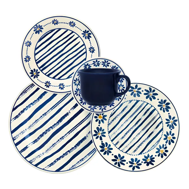 Jogo De Jantar 20 Peças Biona Cerâmica Donna Margaridas Branco Azul E Amarelo