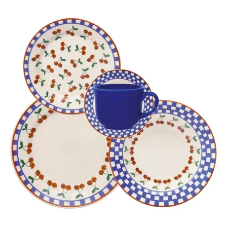 Jogo De Jantar Cerâmica Biona 30 Peças Linha Donna Jardim De Cerejas Branco Azul E Vermelho