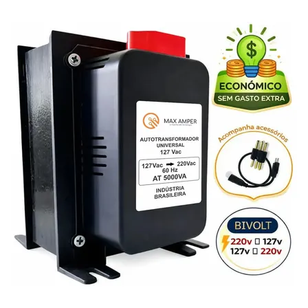 Transformador 5000va 110-220 Ou 220-110 Conversor Bivolt 12000 Btus C/ N F Geladeira Ar Condicionado Impressoras Brother Microondas Máquina Costura Lavar Roupas Preto
