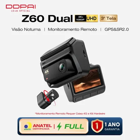 DDPAI Z60 4K Câmera Veicular Suporta Monitoramento Remoto Frontal e Traseira 4K+1080P Tela IPS 3" para Carros 5GHz WiFi Visão Noturna Modo de Estacionamento de 20 Dias Gravação em Loop