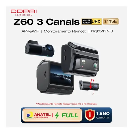 DDPAI Z60 3 Canais Câmera Veicular Suporta Monitoramento Remoto 4K+ 2K+ 1080P WiFi 5GHz com GPS Tela IPS de 3" Visão Noturna Super AI-ISP WDR ADAS Modo de Estacionamento AOV de 20 Dias