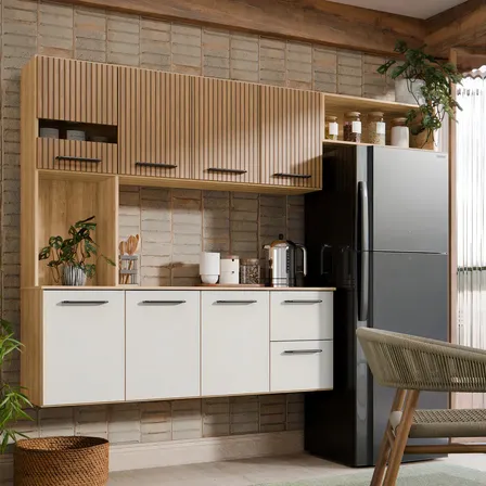 Armário de Cozinha Completa Aéreo 7 Portas e 2 Gavetas Planejada Suspenso Branco Off White Ripado Carvalho Nature Amadeirado Juliana