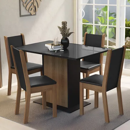 Sala Jantar Mesa Tampo Vidro 4 Cadeiras Martina Madesa Pr Cor Preto/rustic Liso