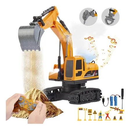 Lictin 1:22 Veículo De Brinquedo Escavadeira Controle Remoto 2,4 Ghz E 11 Canais Com Pá De Metal, Luzes, Sons E 2 Cabeças De Pá Sobressalentes, Presente De Natal E Aniversário Para Crianças Amarelo
