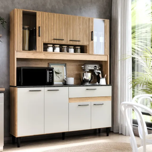Armário De Cozinha Completo Coral 120cm Ripado Off Com Balcão E Paneleiro 8 Portas 1 Gaveta Nicho Para Microondas Moderno Compacto Para Cozinha Pequena Mdp Mdf