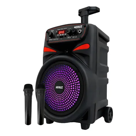 Caixa De Som Portátil Karaokê Com 2 Microfones Sem Fio Preto 2000w Pmpo 10w Rms Versão Tws 127/220v