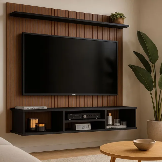 Painel Ripado 3d Preto Para Tv Até 50 Com Nichos E Prateleira Preto