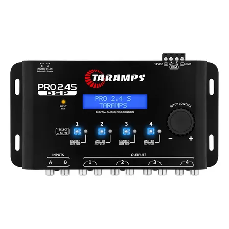 Processador de Áudio Taramps Pro 2.4S Digital 4 Vias Saída RCA e Fio Crossover Equalizador 15 Bandas Anti-Puff Alinhamento Som Automotivo Profissional Alta Performance 12 Presets DSP