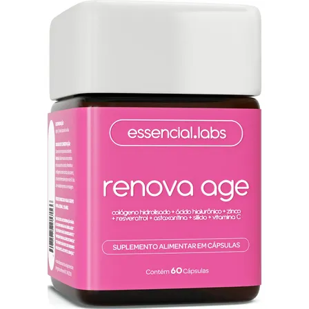 RENOVA AGE - 60 Cápsulas - Fórmula Exclusiva para a PELE / Anti-envelhecimento com Colágeno Hidrolisado, Ácido Hialurônico, Resveratrol, Astaxantina, Silicio, Zinco, Vitamina C e Extrato de Oliva