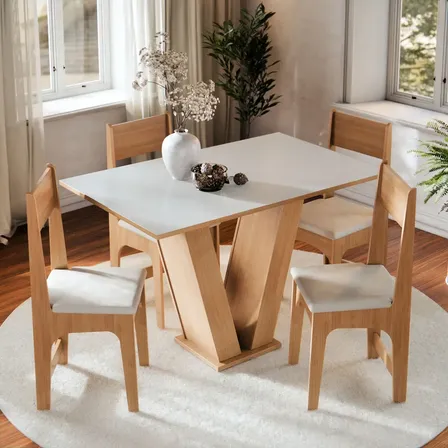 Conjunto Mesa de Jantar 4 Lugares com Cadeiras Estofadas Sala de Jantar Cozinha Mesa Retangular Tampo Branco Off White Base V Mel Nature Carvalho Moderno