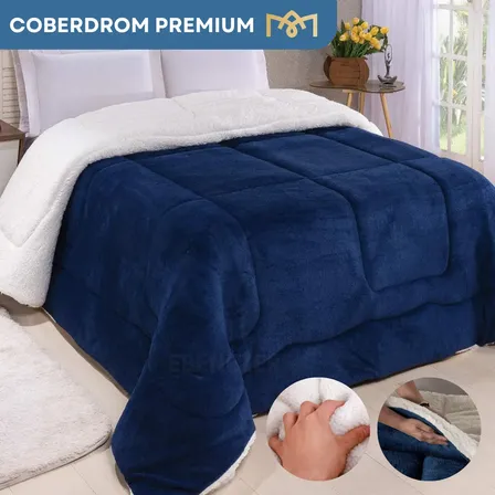 Edredom Casal Queen Size Sherpa Com Lã Carneiro Dupla Face Toque Aveludado Super Quente E Macio Luxo Premium Cor Azul Marinho Liso