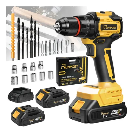Parafusadeira Furadeira Brushless Impacto Profissional Runport Hx-2893 C/2 Baterias Sem Fio E Jogo Brocas Maleta 45n.m 60hz Amarelo Para Mecânico, Oficina 127/220v