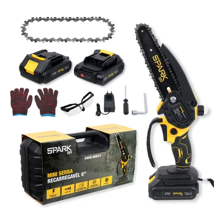 Kit Mini Serra 6 Polegadas Motosserra Eletrica Spark Br Portatil 2 Baterias Recarregável 21v Trava Segurança Acessórios Maleta Corrente Extra Bivolt