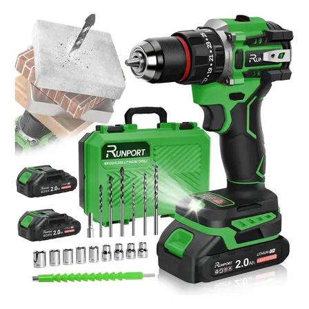 Parafusadeira Furadeira De Impacto Runport 21v Sem Escovas Com 2 Baterias E Maleta Verde 127/220v 60 Hz