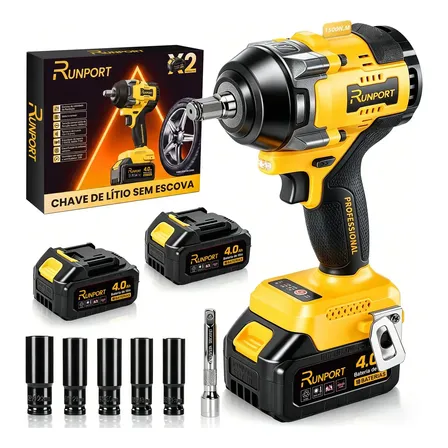 Chave De Impacto Brushless 1500n.m 1/2'' Runport Amarelo 21v 4.0ah Kit 2 Baterias Lítio Parafusadeira Profissional Para Mecânica E Obra 127/220v
