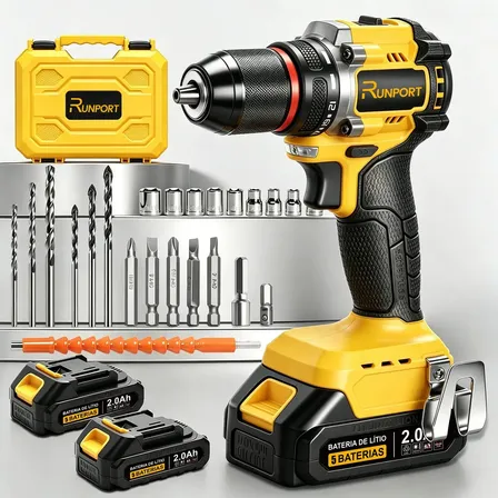 Furadeira Parafusadeira Brushless 50n·m Runport 13mm 2 Velocidades Com 2 Baterias 2.0ah + Kit Brocas + Para Obra E Mecânica Amarelo 127/220v 60 Hz