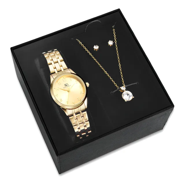 Kit Relógio Colar E Brincos Ponto De Luz Dourado Feminino Luxo Golden Saint Germain Presente Original Joias Elegante Clássico 28mm