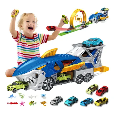 Lictin Conjunto De Pista De Carrinho De Corrida Tubarão Com Caminhão De Transporte, Pista De Corrida E Lançador, 6 Veículos De Corrida Em Escala 1:64, Brinquedos Para Meninos De 3 A 12 Anos Azul