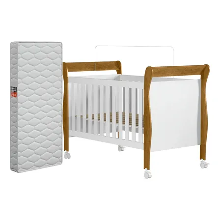 Berço 3 em 1 Americano Slim 100% em MDF Vira Mini Cama Com Colchão e Rodízios Grade Cor Branco Amadeirado