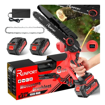 Motoserra Elétrica Brushless Portátil Runport 1500w 8 Pol C/2 4000mah Bateria Recarregável Vermelho Para Cortar Madeira Jardinagem Podar 127/220v 60 Hz