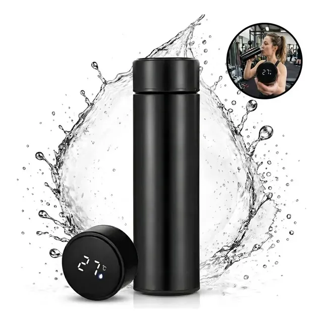 Garrafa Térmica 500ml Inox Com Led Inteligente Mostrador De Temperatura Termômetro Digital Camda Dupla Agua Gelada Marca Swave