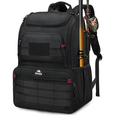 Mochila de Pesca, Mochila de Viagem com Cooler Bolsa Impermeável Resistente Compartimentos para Equipamento, Suportes para Varas, Organizador de Caixas de Pesca, Ideal para Camping, MATEIN 6642 Preto