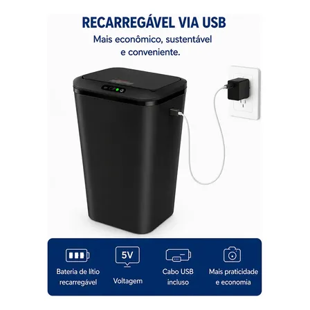 Lixeira Inteligente Automática Com Sensor Para Cozinha E Banheiro, 16 Litros Preto Preto-a1