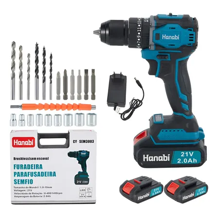 Parafusadeira Furadeira De Impacto Hanabi Brushless Sem Escova 45nm 25 Níveis De Ajuste 21v 2 Baterias Sem Fio Frequência 60hz 110v/220v (bivolt) Bateria Pardrao Makita Preto 127/220v