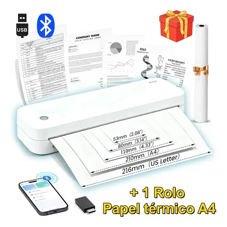 Impressora Termica Portátil A4 + 1 Rolo Papel Bluetooth Usb 203DPI Impressora A4 A5 2800mah COM 127V/220V Impressora Portátil PDF WORD EXCEL Sem Fio Profissional Com Viagens Escritório Escola E Casa