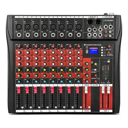 Mesa de Som Digital Vedo Bluetooth 8 Canais USB P10 Com Efeitos